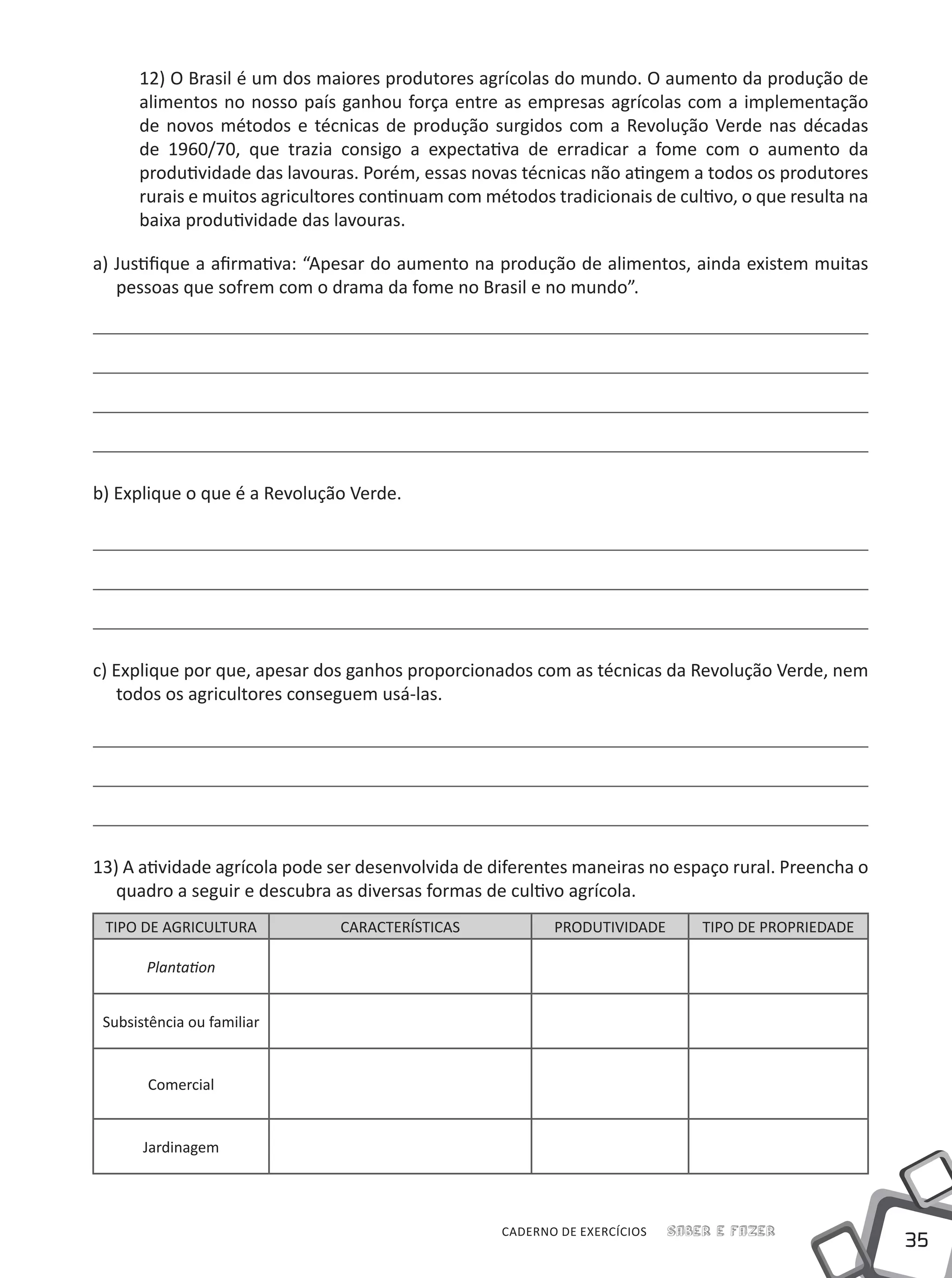 35
Saber e FazerCADERNO DE EXERCÍCIOS
12) O Brasil é um dos maiores produtores agrícolas do mundo. O aumento da produção de
alimentos no nosso país ganhou força entre as empresas agrícolas com a implementação
de novos métodos e técnicas de produção surgidos com a Revolução Verde nas décadas
de 1960/70, que trazia consigo a expectativa de erradicar a fome com o aumento da
produtividade das lavouras. Porém, essas novas técnicas não atingem a todos os produtores
rurais e muitos agricultores continuam com métodos tradicionais de cultivo, o que resulta na
baixa produtividade das lavouras.
a) Justifique a afirmativa: “Apesar do aumento na produção de alimentos, ainda existem muitas
pessoas que sofrem com o drama da fome no Brasil e no mundo”.
b) Explique o que é a Revolução Verde.
c) Explique por que, apesar dos ganhos proporcionados com as técnicas da Revolução Verde, nem
todos os agricultores conseguem usá-las.
13) A atividade agrícola pode ser desenvolvida de diferentes maneiras no espaço rural. Preencha o
quadro a seguir e descubra as diversas formas de cultivo agrícola.
TIPO DE AGRICULTURA CARACTERÍSTICAS PRODUTIVIDADE TIPO DE PROPRIEDADE
Plantation
Subsistência ou familiar
Comercial
Jardinagem
 