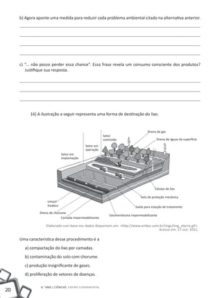 20
6.° ano | ciências Ensino Fundamental
b) Agora aponte uma medida para reduzir cada problema ambiental citado na alternativa anterior.
c) “... não posso perder essa chance”. Essa frase revela um consumo consciente dos produtos?
Justifique sua resposta.
16) A ilustração a seguir representa uma forma de destinação do lixo.
Elaborado com base nos dados disponíveis em: <http://www.ambsc.com.br/imgs/img_aterro.gif>.
Acesso em: 27 out. 2012.
Uma característica desse procedimento é a
a) compactação do lixo por camadas.
b) contaminação do solo com chorume.
c) produção insignificante de gases.
d) proliferação de vetores de doenças.
Setor
concluído
Setor em
operação
Setor em
implantação
Dreno de chorume
Camada impermeabilizante
Geomembrana impermeabilizante
Saída para estação de tratamento
Selo de proteção mecânica
Células de lixo
Lençol
freático
Dreno de gás
Dreno de águas da superfície
 