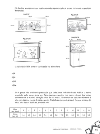 93
Saber e FazerCADERNO DE EXERCÍCIOS
26) Analise atentamente os quatro aquários apresentados a seguir, com suas respectivas
dimensões.
O aquário que tem a maior capacidade é o de número
a) I
b) II
c) III
d) IV
27) A pesca não predatória pressupõe que cada peixe retirado de seu hábitat já tenha
procriado, pelo menos uma vez. Para algumas espécies, isso ocorre depois dos peixes
apresentarem a máxima variação anual de sua massa. O controle de pesca no Pantanal é
feito com base na massa de cada espécie. A tabela apresentada a seguir fornece a massa do
pacu, uma dessas espécies, em cada ano.
Idade
(em Anos)
1 2 3 4 5 6 7 8 9 10 11 12 13
Massa
(em Kg)
1,1 1,7 2,6 3,9 5,1 6,1 7,0 7,8 8,5 8,9 9,1 9,3 9,4
Aquário I Aquário II
Aquário IV
Aquário III
125 cm 14 cm
50 cm
78 cm 17 cm
54 cm
66 cm
58 cm
35 cm 80 cm
100 cm 40 cm
67 cm
16,5 cm
16,5 cm
 