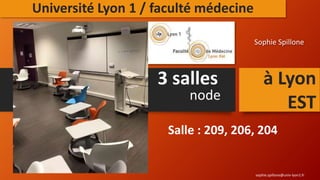 3 salles à Lyon
EST
Salle : 209, 206, 204
node
sophie.spillone@univ-lyon1.fr
Sophie Spillone
Université Lyon 1 / faculté médecine
 
