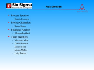 6σ
Advance Relentlessly
Fiat Division
 Process Sponsor
– Danilo Fenoglio
 Project Champion
– Susan Siano
 Financial Analyst
– Alessandro Gatti
 Team members
– Vincenzo Mele
– Daniel Bateson
– Mauro Colla
– Mauro Mollo
– Luigi Perona
 