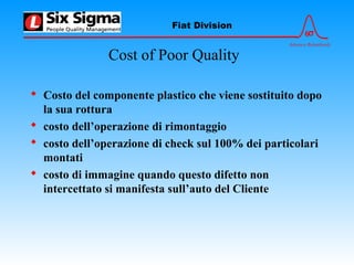 6σ
Advance Relentlessly
Fiat Division
Cost of Poor Quality
 Costo del componente plastico che viene sostituito dopo
la sua rottura
 costo dell’operazione di rimontaggio
 costo dell’operazione di check sul 100% dei particolari
montati
 costo di immagine quando questo difetto non
intercettato si manifesta sull’auto del Cliente
 