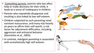 • Controlling parents: parents who too often
help or make decisions for their child, it
leads to a sense of inadequacy in children.
• Parents who repeatedly disapprove and
insulting is also linked to low self-esteem.
• Children subjected to such parenting need
constant reassurance, and many rely heavily
on peers to affirm their self-worth, a risk
factor for adjustment difficulties, including
aggression and antisocial behavior
(Donnellan et al., 2005).
• In contrast, indulgent parenting is associated
with unrealistically high self-esteem.
 