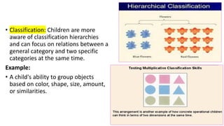 • Classification: Children are more
aware of classification hierarchies
and can focus on relations between a
general category and two specific
categories at the same time.
Example:
• A child's ability to group objects
based on color, shape, size, amount,
or similarities.
 