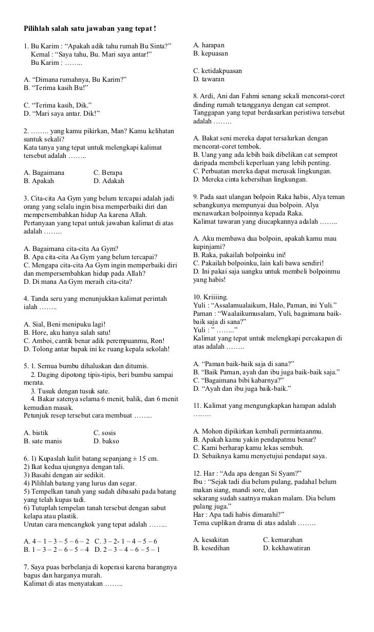 Soal Bahasa Indonesia Kelas 6