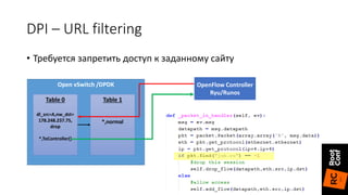 DPI – URL filtering
• Требуется запретить доступ к заданному сайту
Open vSwitch /DPDK
Table 0
dl_src=A,nw_dst=
178.248.237.75,
drop
*,ToController()
Table 1
*,normal
OpenFlow Controller
Ryu/Runos
 
