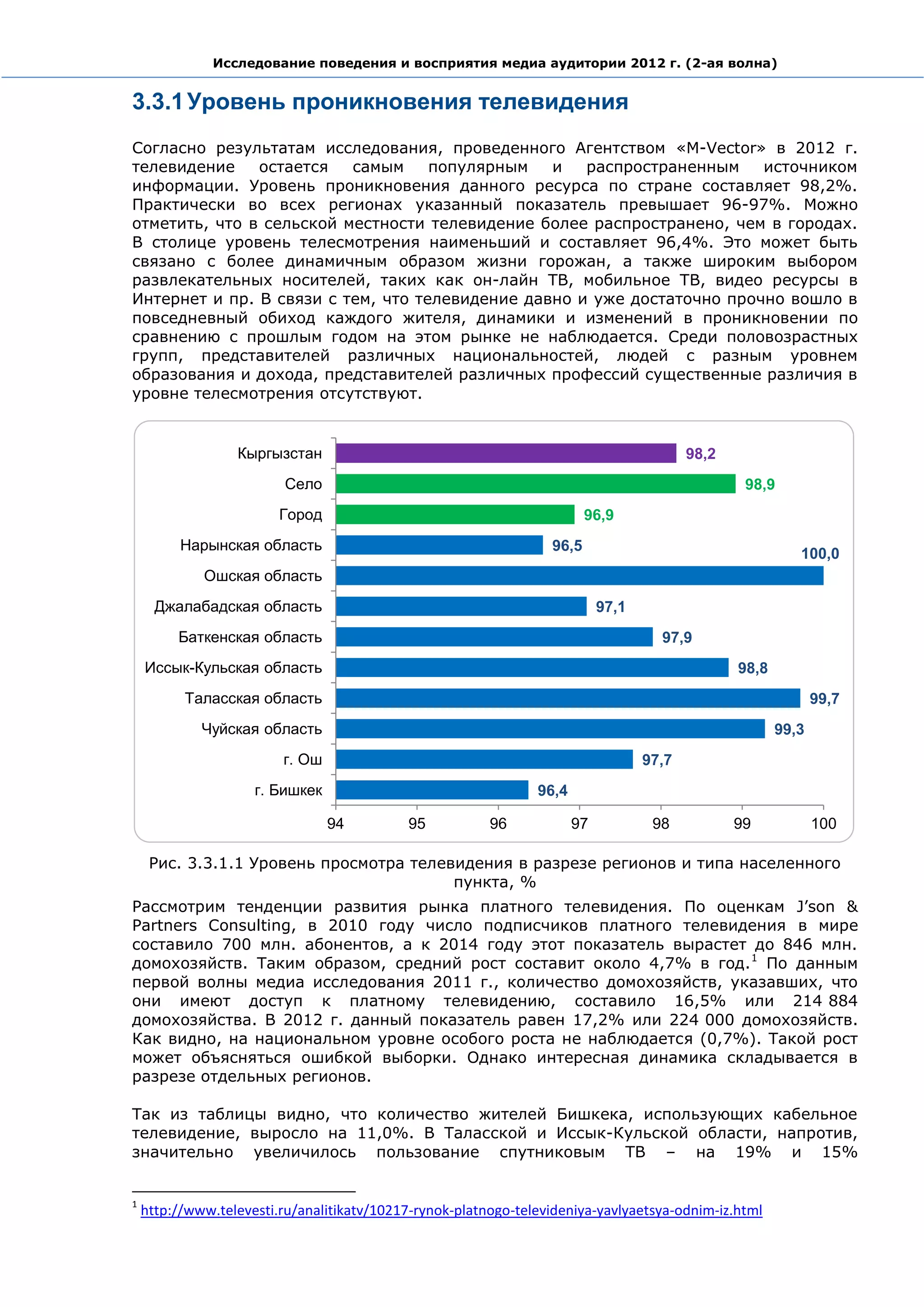 Исследование поведения и восприятия медиа аудитории 2012 г. (2-ая волна)


3.3.1 Уровень проникновения телевидения
Согласно результатам исследования, проведенного Агентством «M-Vector» в 2012 г.
телевидение    остается   самым     популярным   и   распространенным    источником
информации. Уровень проникновения данного ресурса по стране составляет 98,2%.
Практически во всех регионах указанный показатель превышает 96-97%. Можно
отметить, что в сельской местности телевидение более распространено, чем в городах.
В столице уровень телесмотрения наименьший и составляет 96,4%. Это может быть
связано с более динамичным образом жизни горожан, а также широким выбором
развлекательных носителей, таких как он-лайн ТВ, мобильное ТВ, видео ресурсы в
Интернет и пр. В связи с тем, что телевидение давно и уже достаточно прочно вошло в
повседневный обиход каждого жителя, динамики и изменений в проникновении по
сравнению с прошлым годом на этом рынке не наблюдается. Среди половозрастных
групп, представителей различных национальностей, людей с разным уровнем
образования и дохода, представителей различных профессий существенные различия в
уровне телесмотрения отсутствуют.


                  Кыргызстан                                                              98,2
                          Село                                                                    98,9
                         Город                                           96,9
          Нарынская область                                       96,5
                                                                                                           100,0
             Ошская область
      Джалабадская область                                                  97,1
         Баткенская область                                                          97,9
    Иссык-Кульская область                                                                       98,8
          Таласская область                                                                                    99,7
             Чуйская область                                                                            99,3
                         г. Ош                                                     97,7
                     г. Бишкек                                  96,4

                                 94         95           96            97           98           99            100

     Рис. 3.3.1.1 Уровень просмотра телевидения в разрезе регионов и типа населенного
                                         пункта, %
Рассмотрим тенденции развития рынка платного телевидения. По оценкам J’son &
Partners Consulting, в 2010 году число подписчиков платного телевидения в мире
составило 700 млн. абонентов, а к 2014 году этот показатель вырастет до 846 млн.
домохозяйств. Таким образом, средний рост составит около 4,7% в год. 1 По данным
первой волны медиа исследования 2011 г., количество домохозяйств, указавших, что
они имеют доступ к платному телевидению, составило 16,5% или 214 884
домохозяйства. В 2012 г. данный показатель равен 17,2% или 224 000 домохозяйств.
Как видно, на национальном уровне особого роста не наблюдается (0,7%). Такой рост
может объясняться ошибкой выборки. Однако интересная динамика складывается в
разрезе отдельных регионов.

Так из таблицы видно, что количество жителей Бишкека, использующих кабельное
телевидение, выросло на 11,0%. В Таласской и Иссык-Кульской области, напротив,
значительно увеличилось пользование спутниковым ТВ – на 19% и 15%


1
    http://www.televesti.ru/analitikatv/10217-rynok-platnogo-televideniya-yavlyaetsya-odnim-iz.html
 