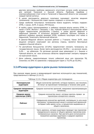 Часть 3: Аналитический отчет, 3.3 Телевидение

     другими регионами проблема временного отсутствия сигнала особо актуальна
     для   жителей  Таласской    и   Ошской   области.  Проблема    перебоев   с
     электроснабжением стоит остро в Таласской и Нарынской области (ее указывает
     каждый третий житель).
   В целом респонденты довольно позитивно оценивают качество           вещания
    телеканалов – большинство ставят оценки «хорошо» и «отлично».
   Среди наиболее популярных телеканалов можно выделить пятерку лидеров:
    ОТРК, 1 канал, ЭлТР, 5-канал, РТР-Россия.
   В тройку самых просматриваемых и любимых каналов вошли каналы ОТРК, 1-
    канал и ЭлТР. Жители г. Бишкека, г. Ош, Чуйской области в большинстве своем
    отдают предпочтение российскому 1-каналу, а также другим эфирным и
    кабельным каналам. В остальных регионах наиболее прочные позиции в
    рейтинге любимых каналов занимает ОТРК, особенно популярен этот канал в
    Нарынской, Таласской и Баткенской областях.
   В Джалал-Абадской области высокий рейтинг у 7-канала. Канал ЭлТР, зона
    вещания которого охватывает все регионы страны, является бесспорным
    лидером в Ошской области
   По республике большинство (57,8%) предпочитают смотреть телеканалы на
    государственном языке, более трети респондентов (35,9%) – на русском языке,
    5,4% - на узбекском. По регионам русский язык доминирует в г. Бишкек и
    Чуйской области, во всех остальных областях предпочитают смотреть передачи
    на кыргызском языке.
   Доля узбеков, предпочитающих только узбекский язык для просмотра ТВ,
    снизилась на 20% по сравнению с предыдущим годом (с 72,5% до 52,6%).



3.3.4 Размер аудитории и доли рынка телеканалов.

При анализе медиа рынка в международной практике используется ряд показателей,
представленных в таблице (3.3.4.1).

                Таблица 3.3.4.1 Медиа индикаторы для телевидения

   Еженедельная         Общее количество зрителей, которые провели, как минимум,
     аудитория           30 минут за просмотром телевизора в течение семи дней.

Средняя ежедневная      Среднее количество зрителей, ежедневно просматривающих
     аудитория                                 телевизор.

   Среднее время           Среднее количество минут, которые зритель провел за
  просмотра (СВП)                    просмотром конкретного канала.

                        Усредненное количество зрителей, смотревших ту или иную
                        программу/ телевизионный канал в конкретный временной
      Рейтинг
                          интервал либо время суток, в процентном выражении от
                                           общего населения.

                         Часть времени, которая аудитория проводит при просмотре
                          определенного канала от общего времени просмотра всех
        Доля              телевизионных каналов. При расчете доли используются
                             показатели размера аудитории и среднего времени
                                                просмотра.



                                                                                 15
 