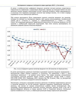 Исследование поведения и восприятия медиа аудитории 2012 г. (2-ая волна)

       В связи с особенностями цифрового вещания качество сигнала должно существенно
       повыситься по сравнению с аналоговым вещанием. Однако на текущий момент во всех
       регионах каналы вещают аналоговый сигнал, качество которого, может варьироваться,
       и зачастую этот параметр оказывает влияние при выборе канала, что в свою очередь
       отражается на его совокупном рейтинге.

       При опросе респонденту было предложено оценить качество вещания тех каналов,
       которые он смотрел за последнюю неделю. Для оценки использовалась пятибалльная
       шкала, где 5 – отлично, 4 – хорошо, 3 – удовлетворительно, 2 – плохо, 1 – очень
       плохо. На следующей диаграмме представлены результаты по качеству вещания топ-20
       каналов с наибольшей недельной аудиторией. При этом каналы ранжированы по
       убыванию средней оценки качества вещания.


                                                                  2012             2011
5,00


4,80     4,75
                4,65
                        4,63
                                4,57
                                       4,55 4,54            4,53
4,60                                                4,53             4,49
                                                                            4,48   4,47 4,46     4,46
                                                                                                        4,48   4,46
                       4,42
                                                                  4,52                                                4,37
4,40                                                                                                                         4,35   4,33
                               4,28                4,46    4,46                                4,46
                                                                                4,44                                                               4,27
                                        4,39                             4,38                         4,40 4,39
                                                                                                                                           4,19
                                                                                                              4,33
4,20                                                                                      4,20
                                                                                                                                    4,13
                                                                                                                             4,05
                                                                                                                                                  4,14
4,00                                                                                                                            3,85


3,80




            Рис. 3.3.2.2 Средняя оценка качества вещания топ-20 каналов по Кыргызстану

       В целом респонденты довольно позитивно оценивают качество вещания телеканалов –
       большинство ставят оценки «хорошо» и «отлично». По сравнению с 2011 г. есть
       некоторые изменения – на уровне сотых балла. Так среди каналов, относительно
       улучшивших качество вещания можно назвать следующие: Ешлар, УзТВ, 7 канал,
       НТС+НТВ, ОТРК, КТК, Пирамида, ЮТС. Каналы Ош ТВ, 5-канал, Мир, по восприятию
       респондентов, несколько ухудшили качество вещания.

       Рассмотрим, ситуацию с качеством сигнала в регионах. В таблице представлены данные
       о качестве вещания по топ-20 каналам. Красным выделены наименьшие значения –
       регионы, где сигнал от канала относительно слабый, менее качественный. Так,
       например, удовлетворительное качество сигнала отмечают зрители УзТВ и Ош ТВ в
       Джалал-Абадской области, а также зрители ЭлТР в Таласской области. Остальные
       оценки колеблются от 4 до 5, с небольшой разницей между отдельными регионами.
 