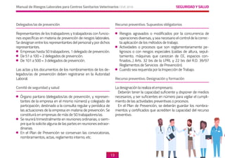 SEGURIDAD Y SALUD
Manual de Riesgos Laborales para Centros Sanitarios Veterinarios CEVE 2019
13
Delegados/as de prevención
Representantes de los trabajadores y trabajadoras con funcio-
nes específicas en materia de prevención de riesgos laborales.
Se designan entre los representantes del personal y por dichos
representantes.
	 Empresas hasta 50 trabajadores, 1 delegado de prevención.
	 De 51 a 100 = 2 delegados de prevención.
	 De 101 a 500 = 3 delegados de prevención.
Las actas y los documentos de los nombramientos de los de-
legados/as de prevención deben registrarse en la Autoridad
Laboral.
Comité de seguridad y salud
	 Órgano paritario (delegados/as de prevención, y represen-
tantes de la empresa en el mismo número) y colegiado de
participación, destinado a la consulta regular y periódica de
las actuaciones de la empresa en materia de prevención. Se
constituirá en empresas de más de 50 trabajadores/as.
	 Se reunirá trimestralmente en reuniones ordinarias, o siem-
pre que lo solicite alguna de las partes en reuniones extraor-
dinarias.
	 En el Plan de Prevención se conservan las convocatorias,
nombramientos, actas, reglamento interno, etc.
Recurso preventivo. Supuestos obligatorios
	Riesgos agravados o modificados por la concurrencia de
operaciones diversas, y sea necesario el control de la correc-
ta aplicación de los métodos de trabajo.
	 Actividades o procesos que son reglamentariamente pe-
ligrosos o con riesgos especiales (caídas de altura, sepul-
tamiento, máquinas que carezcan de CE, espacios con-
finados...) Arts. 32 bis de la LPRL y 22 bis del R.D. 39/97
Reglamentos de Servicios de Prevención).
	 Cuando sea requerida por la Inspección de Trabajo.
Recurso preventivo. Designación y formación
La designación la realiza el empresario.
Deberán tener la capacidad suficiente y disponer de medios
necesarios, y ser suficientes en número para vigilar el cumpli-
miento de las actividades preventivas o procesos.
En el Plan de Prevención, se deberán guardar los nombra-
mientos y certificados que acrediten la capacidad del recurso
preventivo.
 