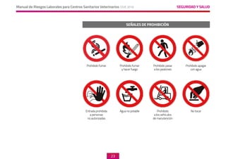 SEGURIDAD Y SALUD
Manual de Riesgos Laborales para Centros Sanitarios Veterinarios CEVE 2019
23
SEÑALES DE PROHIBICIÓN
Prohibido fumar
Entrada prohibida
a personas
no autorizadas
Prohibido fumar
y hacer fuego
Agua no potable
Prohibido pasar
a los peatones
Prohibido
a los vehículos
de manutención
Prohibido apagar
con agua
No tocar
 