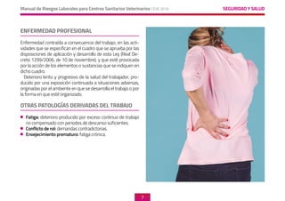 SEGURIDAD Y SALUD
Manual de Riesgos Laborales para Centros Sanitarios Veterinarios CEVE 2019
7
ENFERMEDAD PROFESIONAL	
Enfermedad contraída a consecuencia del trabajo, en las acti-
vidades que se especifican en el cuadro que se aprueba por las
disposiciones de aplicación y desarrollo de esta Ley (Real De-
creto 1299/2006, de 10 de noviembre), y que esté provocada
por la acción de los elementos o sustancias que se indiquen en
dicho cuadro.
Deterioro lento y progresivo de la salud del trabajador, pro-
ducido por una exposición continuada a situaciones adversas,
originadas por el ambiente en que se desarrolla el trabajo o por
la forma en que esté organizado.
OTRAS PATOLOGÍAS DERIVADAS DEL TRABAJO
	 Fatiga: deterioro producido por exceso continuo de trabajo
no compensado con periodos de descanso suficientes.
	 Conflicto de rol: demandas contradictorias.
	 Envejecimiento prematuro: fatiga crónica.
Pendiente foto
de adorno. dolor
de espalda
 