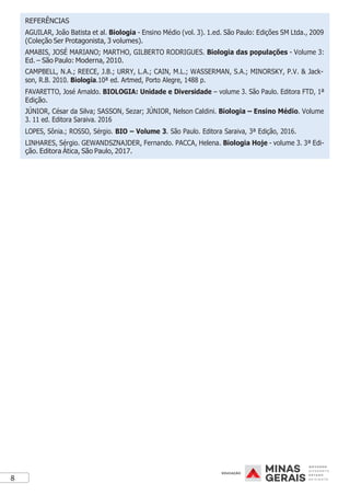 8
REFERÊNCIAS
AGUILAR, João Batista et al. Biologia - Ensino Médio (vol. 3). 1.ed. São Paulo: Edições SM Ltda., 2009
(Coleção Ser Protagonista, 3 volumes).
AMABIS, JOSÉ MARIANO; MARTHO, GILBERTO RODRIGUES. Biologia das populações - Volume 3:
Ed. – São Paulo: Moderna, 2010.
CAMPBELL, N.A.; REECE, J.B.; URRY, L.A.; CAIN, M.L.; WASSERMAN, S.A.; MINORSKY, P.V. & Jack-
son, R.B. 2010. Biologia.10ª ed. Artmed, Porto Alegre, 1488 p.
FAVARETTO, José Arnaldo. BIOLOGIA: Unidade e Diversidade – volume 3. São Paulo. Editora FTD, 1ª
Edição.
JÚNIOR, César da Silva; SASSON, Sezar; JÚNIOR, Nelson Caldini. Biologia – Ensino Médio. Volume
3. 11 ed. Editora Saraiva. 2016
LOPES, Sônia.; ROSSO, Sérgio. BIO – Volume 3. São Paulo. Editora Saraiva, 3ª Edição, 2016.
LINHARES, Sérgio. GEWANDSZNAJDER, Fernando. PACCA, Helena. Biologia Hoje - volume 3. 3ª Edi-
ção. Editora Ática, São Paulo, 2017.
 