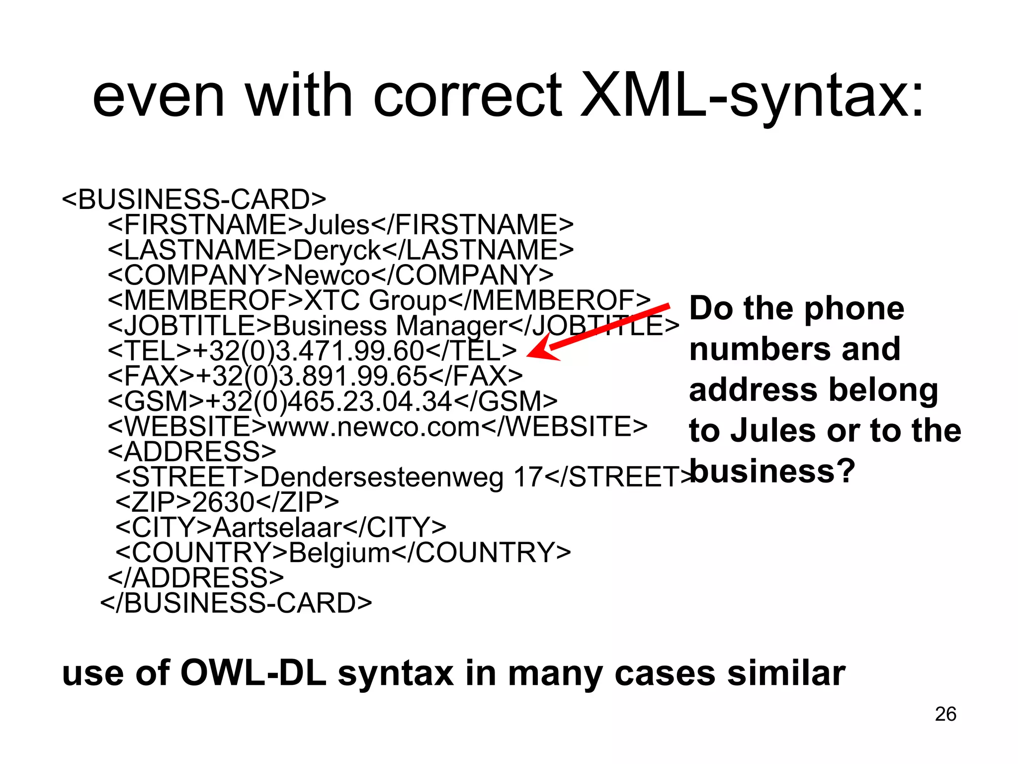 even with correct XML-syntax: <BUSINESS-CARD>   <FIRSTNAME>Jules</FIRSTNAME>   <LASTNAME>Deryck</LASTNAME>   <COMPANY>Newco</COMPANY>   <MEMBEROF>XTC Group</MEMBEROF>   <JOBTITLE>Business Manager</JOBTITLE>   <TEL>+32(0)3.471.99.60</TEL>   <FAX>+32(0)3.891.99.65</FAX>   <GSM>+32(0)465.23.04.34</GSM>   <WEBSITE>www.newco.com</WEBSITE>   <ADDRESS>    <STREET>Dendersesteenweg 17</STREET>    <ZIP>2630</ZIP>    <CITY>Aartselaar</CITY>    <COUNTRY>Belgium</COUNTRY>   </ADDRESS>  </BUSINESS-CARD> use of OWL-DL syntax in many cases similar Do the phone numbers and address belong to Jules or to the business?   