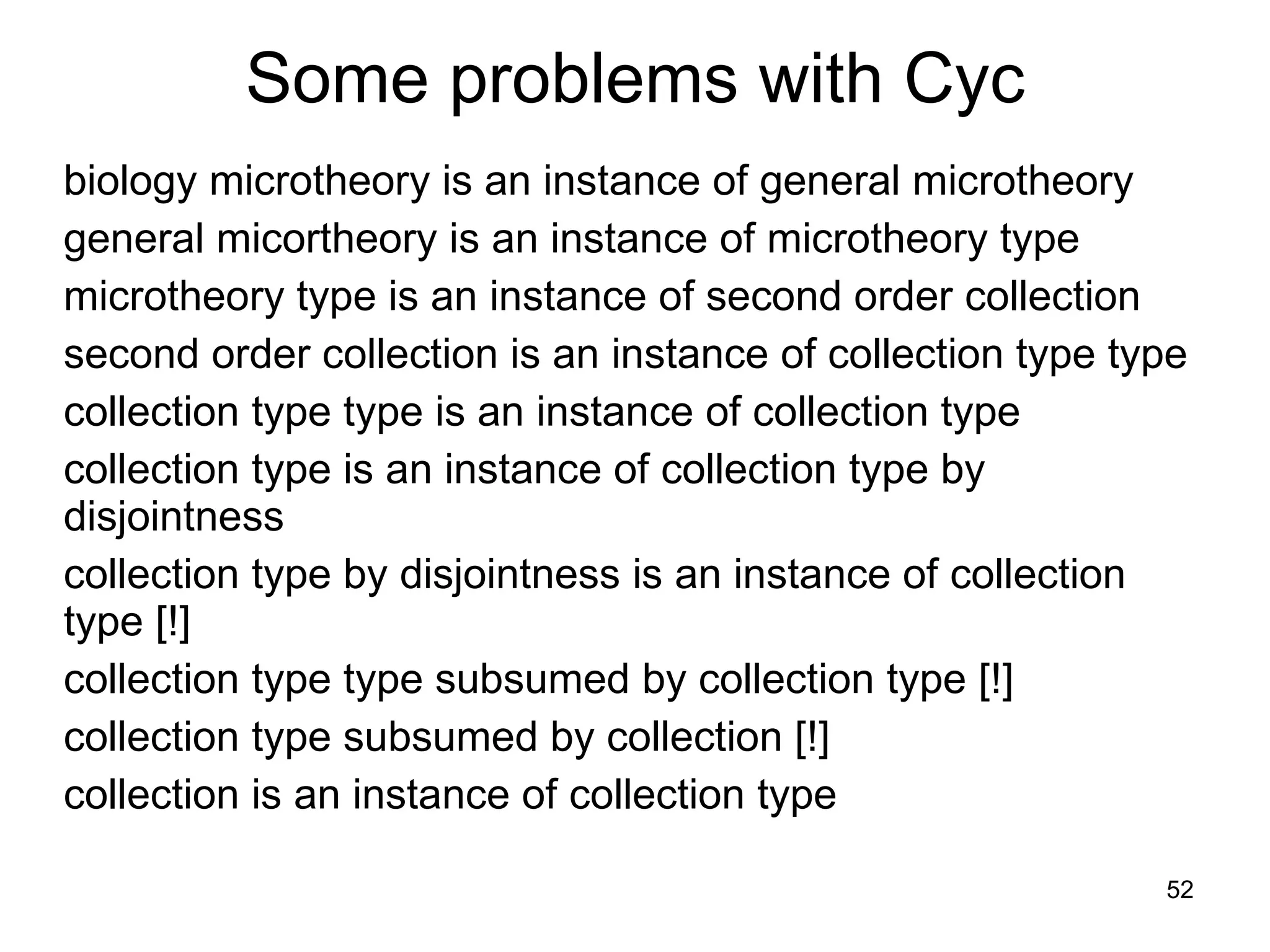   biology microtheory is an instance of general microtheory general micortheory is an instance of microtheory type microtheory type is an instance of second order collection second order collection is an instance of collection type type collection type type is an instance of collection type collection type is an instance of collection type by disjointness collection type by disjointness is an instance of collection type [!] collection type type subsumed by collection type [!] collection type subsumed by collection [!] collection is an instance of collection type       Some problems with Cyc 