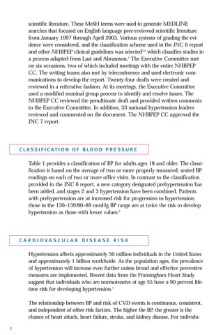 scientific literature. These MeSH terms were used to generate MEDLINE
searches that focused on English language peer-reviewed scientific literature
from January 1997 through April 2003. Various systems of grading the evidence were considered, and the classification scheme used in the JNC 6 report
and other NHBPEP clinical guidelines was selected3,4 which classifies studies in
a process adapted from Last and Abramson.5 The Executive Committee met
on six occasions, two of which included meetings with the entire NHBPEP
CC. The writing teams also met by teleconference and used electronic communications to develop the report. Twenty-four drafts were created and
reviewed in a reiterative fashion. At its meetings, the Executive Committee
used a modified nominal group process to identify and resolve issues. The
NHBPEP CC reviewed the penultimate draft and provided written comments
to the Executive Committee. In addition, 33 national hypertension leaders
reviewed and commented on the document. The NHBPEP CC approved the
JNC 7 report.

c l a s s i f i c at i o n o f b loo d p r e s s u r e
Table 1 provides a classification of BP for adults ages 18 and older. The classification is based on the average of two or more properly measured, seated BP
readings on each of two or more office visits. In contrast to the classification
provided in the JNC 6 report, a new category designated prehypertension has
been added, and stages 2 and 3 hypertension have been combined. Patients
with prehypertension are at increased risk for progression to hypertension;
those in the 130–139/80–89 mmHg BP range are at twice the risk to develop
hypertension as those with lower values.6

cardiovascular disease risk
Hypertension affects approximately 50 million individuals in the United States
and approximately 1 billion worldwide. As the population ages, the prevalence
of hypertension will increase even further unless broad and effective preventive
measures are implemented. Recent data from the Framingham Heart Study
suggest that individuals who are normotensive at age 55 have a 90 percent lifetime risk for developing hypertension.7
The relationship between BP and risk of CVD events is continuous, consistent,
and independent of other risk factors. The higher the BP, the greater is the
chance of heart attack, heart failure, stroke, and kidney disease. For individu2

 
