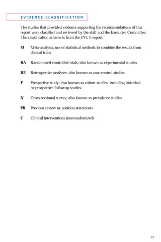 e v i d e n c e c l a s s i f i c at i o n
The studies that provided evidence supporting the recommendations of this
report were classified and reviewed by the staff and the Executive Committee.
The classification scheme is from the JNC 6 report.2
M

Meta-analysis; use of statistical methods to combine the results from
clinical trials

RA

Randomized controlled trials; also known as experimental studies

RE

Retrospective analyses; also known as case-control studies

F

Prospective study; also known as cohort studies, including historical
or prospective followup studies.

X

Cross-sectional survey; also known as prevalence studies

PR

Previous review or position statements

C

Clinical interventions (nonrandomized)

23

 