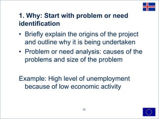 1. Why: Start with problem or need
identification
• Briefly explain the origins of the project
  and outline why it is being undertaken
• Problem or need analysis: causes of the
  problems and size of the problem

Example: High level of unemployment
 because of low economic activity


                      15
 