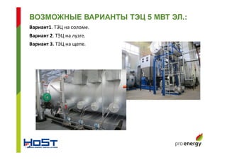 Вариант1. ТЭЦ на соломе.
Вариант 2. ТЭЦ на лузге.
Вариант 3. ТЭЦ на щепе.
ВОЗМОЖНЫЕ ВАРИАНТЫ ТЭЦ 5 МВТ ЭЛ.:
 