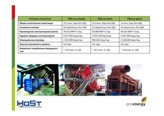 Итоговые показатели ТЭЦ на соломе ТЭЦ на лузге ТЭЦ на щепе
Общие капитальные инвестиции 15,5 млн. Евро без НДС 14,3 млн. Евро без НДС 13 млн. Евро без НДС.
Стоимость топлива 25 евро/тонну без НДС 10 евро/тонну без НДС 30 евро/тонну без НДС
Производство электроэнергии (нетто) 39 815 МВт*ч /год 39 680 МВт*ч /год 40 016 МВт*ч /год
Годовые продажи электроэнергии 4 937 060 Евро/год 4 920 320 Евро/год 4 961 984 Евро/год
Операционные расходы 1 553 000 Евро/год 996 043 Евро/год 2 130 000 Евро/год
Простая окупаемость проекта 4,4 года 3,6 года 4,6 года
Эквивалент потребления природного
газа
~ 16,0 млн. м. куб. ~ 16,2 млн. м. куб. ~ 16,6 млн. м. куб.
 