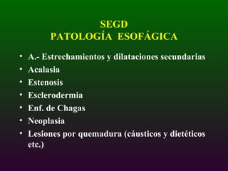 SEGD PATOLOGÍA  ESOFÁGICA A.- Estrechamientos y dilataciones secundarias Acalasia Estenosis Esclerodermia Enf. de Chagas Neoplasia Lesiones por quemadura (cáusticos y dietéticos etc.) 
