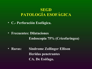 SEGD PATOLOGÍA ESOFÁGICA C.- Perforación Esofágica. Frecuentes: Dilataciones   Endoscopia 75% (Cricofaringea) Raras:    Síndrome Zollinger Ellison   Heridas penetrantes   CA. De Esófago. 