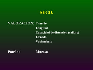 SEGD. VALORACIÓN: Tamaño Longitud  Capacidad de distensión (calibre) Llenado Vaciamiento Patrón: Mucosa 