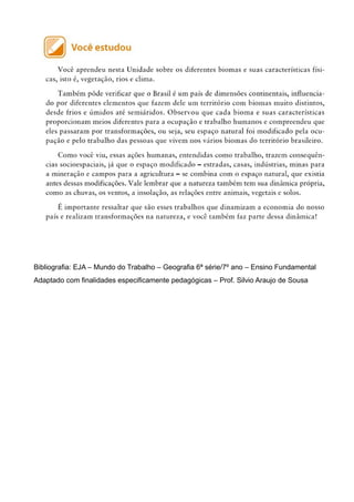 Bibliografia: EJA – Mundo do Trabalho – Geografia 6ª série/7º ano – Ensino Fundamental
Adaptado com finalidades especificamente pedagógicas – Prof. Silvio Araujo de Sousa
 