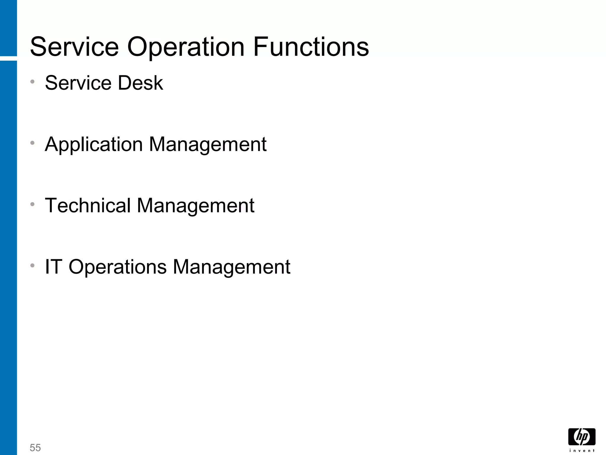 55
Service Operation Functions
• Service Desk
• Application Management
• Technical Management
• IT Operations Management
 