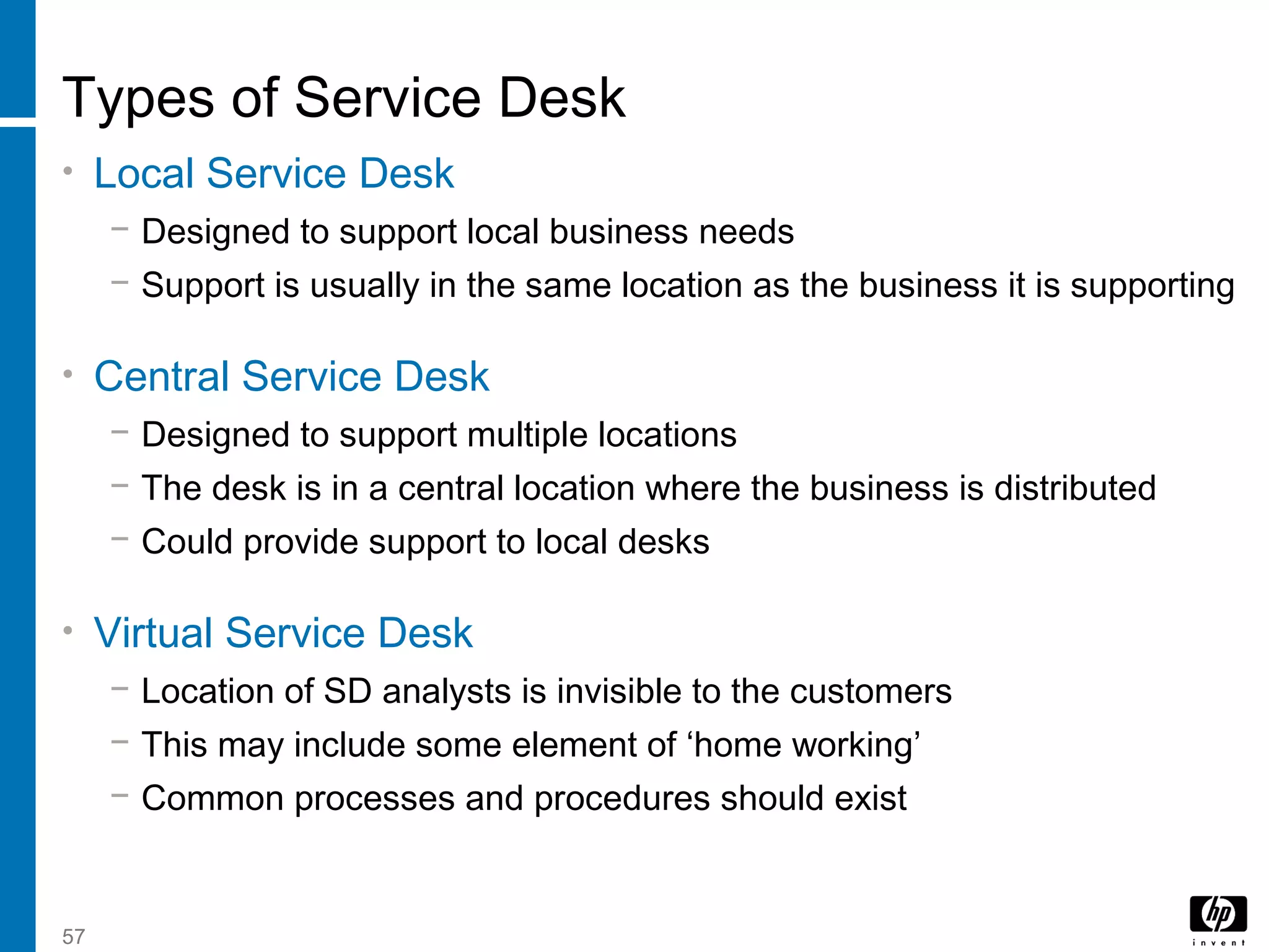 57
Types of Service Desk
• Local Service Desk
− Designed to support local business needs
− Support is usually in the same location as the business it is supporting
• Central Service Desk
− Designed to support multiple locations
− The desk is in a central location where the business is distributed
− Could provide support to local desks
• Virtual Service Desk
− Location of SD analysts is invisible to the customers
− This may include some element of ‘home working’
− Common processes and procedures should exist
 