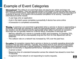 13
Example of Event Categories
• Informational: This refers to an event that does not require any action and does not
represent an exception. They are typically stored in the system or service log files and kept
for a predetermined period. Informational events are typically used to check on the status of
a device or service, or to confirm the successful completion of an activity. Examples of
informational events include:
− A user logs onto an application
− A job in the batch queue completes successfully A device has come online
− A transaction is completed successfully.
• Warning: A warning is an event that is generated when a service or device is approaching a
threshold. Warnings are intended to notify the appropriate person, process or tool so that
the situation can be checked and the appropriate action taken to prevent an exception.
Warnings are not typically raised for a device failure. Examples of warnings are:
− Memory utilization on a server is currently at 65% and increasing. If it reaches 75%,
response times will be unacceptably long and the OLA for that department will be
breached.
− The collision rate on a network has increased by 15% over the past hour.
• Exception: An exception means that a service or device is currently operating abnormally
(however that has been defined). Typically, this means that an OLA and SLA have been
breached and the business is being impacted. Exceptions could represent a total failure,
impaired functionality or degraded performance. Examples of exceptions include:
− A server is down
− Response time of a standard transaction across the network has slowed to more than
15 seconds
− A segment of the network is not responding to routine requests.
 