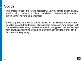 32
Scope
• The process needed to fulfill a request will vary depending upon exactly
what is being requested – but can usually be broken down into a set of
activities that have to be performed.
• Some organizations will be comfortable to let the Service Requests be
handled through their Incident Management processes (and tools) – with
Service Requests being handled as a particular type of ‘incident’ (using a
high-level categorization system to identify those ‘incidents’ that are in
fact Service Requests).
 