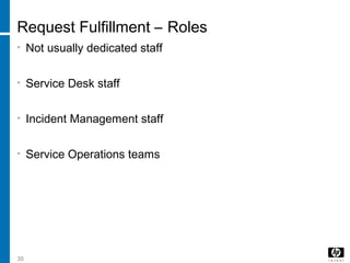35
Request Fulfillment – Roles
• Not usually dedicated staff
• Service Desk staff
• Incident Management staff
• Service Operations teams
 
