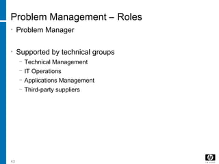 43
Problem Management – Roles
• Problem Manager
• Supported by technical groups
− Technical Management
− IT Operations
− Applications Management
− Third-party suppliers
 