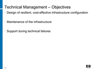 69
Technical Management – Objectives
• Design of resilient, cost-effective infrastructure configuration
• Maintenance of the infrastructure
• Support during technical failures
 