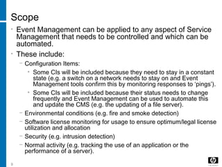 9
Scope
• Event Management can be applied to any aspect of Service
Management that needs to be controlled and which can be
automated.
• These include:
− Configuration Items:
• Some CIs will be included because they need to stay in a constant
state (e.g. a switch on a network needs to stay on and Event
Management tools confirm this by monitoring responses to ‘pings’).
• Some CIs will be included because their status needs to change
frequently and Event Management can be used to automate this
and update the CMS (e.g. the updating of a file server).
− Environmental conditions (e.g. fire and smoke detection)
− Software license monitoring for usage to ensure optimum/legal license
utilization and allocation
− Security (e.g. intrusion detection)
− Normal activity (e.g. tracking the use of an application or the
performance of a server).
 
