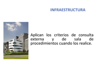 INFRAESTRUCTURA
Aplican los criterios de consulta
externa y de sala de
procedimientos cuando los realice.
 