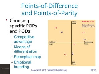 Copyright © 2016 Pearson Education Ltd. 10-12
Points-of-Difference
and Points-of-Parity
• Choosing
specific POPs
and PODs
– Competitive
advantage
– Means of
differentiation
– Perceptual map
– Emotional
branding
 