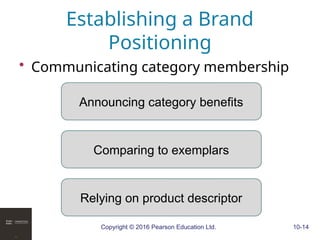 Copyright © 2016 Pearson Education Ltd. 10-14
Establishing a Brand
Positioning
• Communicating category membership
Announcing category benefits
Comparing to exemplars
Relying on product descriptor
 