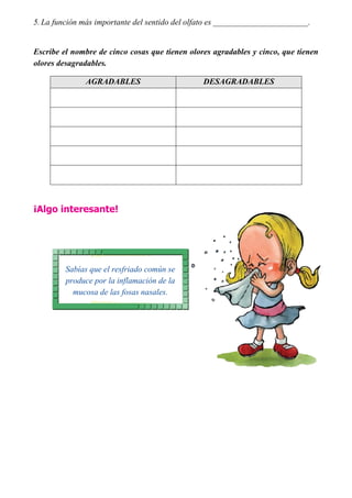 5. La función más importante del sentido del olfato es _______________________.
Escribe el nombre de cinco cosas que tienen olores agradables y cinco, que tienen
olores desagradables.
AGRADABLES DESAGRADABLES
¡Algo interesante!
Sabías que el resfriado común se
produce por la inflamación de la
mucosa de las fosas nasales.
 