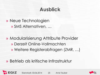 Arne TauberEisenstadt, 03.06.2014 25
Ausblick
» Neue Technologien
» SMS Alternativen, …
» Modularisierung Attribute Provider
» Derzeit Online-Vollmachten
» Weitere Registerabfragen (ZMR, …)
» Betrieb als kritische Infrastruktur
 