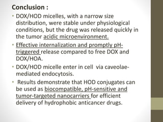 Conclusion :
• DOX/HOD micelles, with a narrow size
distribution, were stable under physiological
conditions, but the drug was released quickly in
the tumor acidic microenvironment.
• Effective internalization and promptly pH-
triggered release compared to free DOX and
DOX/HOA.
• DOX/HOD micelle enter in cell via caveolae-
mediated endocytosis.
• Results demonstrate that HOD conjugates can
be used as biocompatible, pH-sensitive and
tumor-targeted nanocarriers for efficient
delivery of hydrophobic anticancer drugs.
 