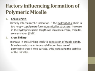 Factors influencing formation of
Polymeric Micelle
1. Chain length-
Directly affects micelle formation. If the hydrophobic chain is
too long – copolymers form non-micellar structure. Increase
in the hydrophilic chain length will increases critical micelles
concentration (CMC).
2. Cross linking-
Increase in cross linking leads to generation of stable bonds.
Micelles resist shear force and dilution because of
permeable cross linked surface, thus increasing the stability
of the micelles.
 