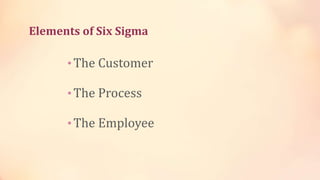 Elements of Six Sigma
•The Customer
•The Process
•The Employee
 