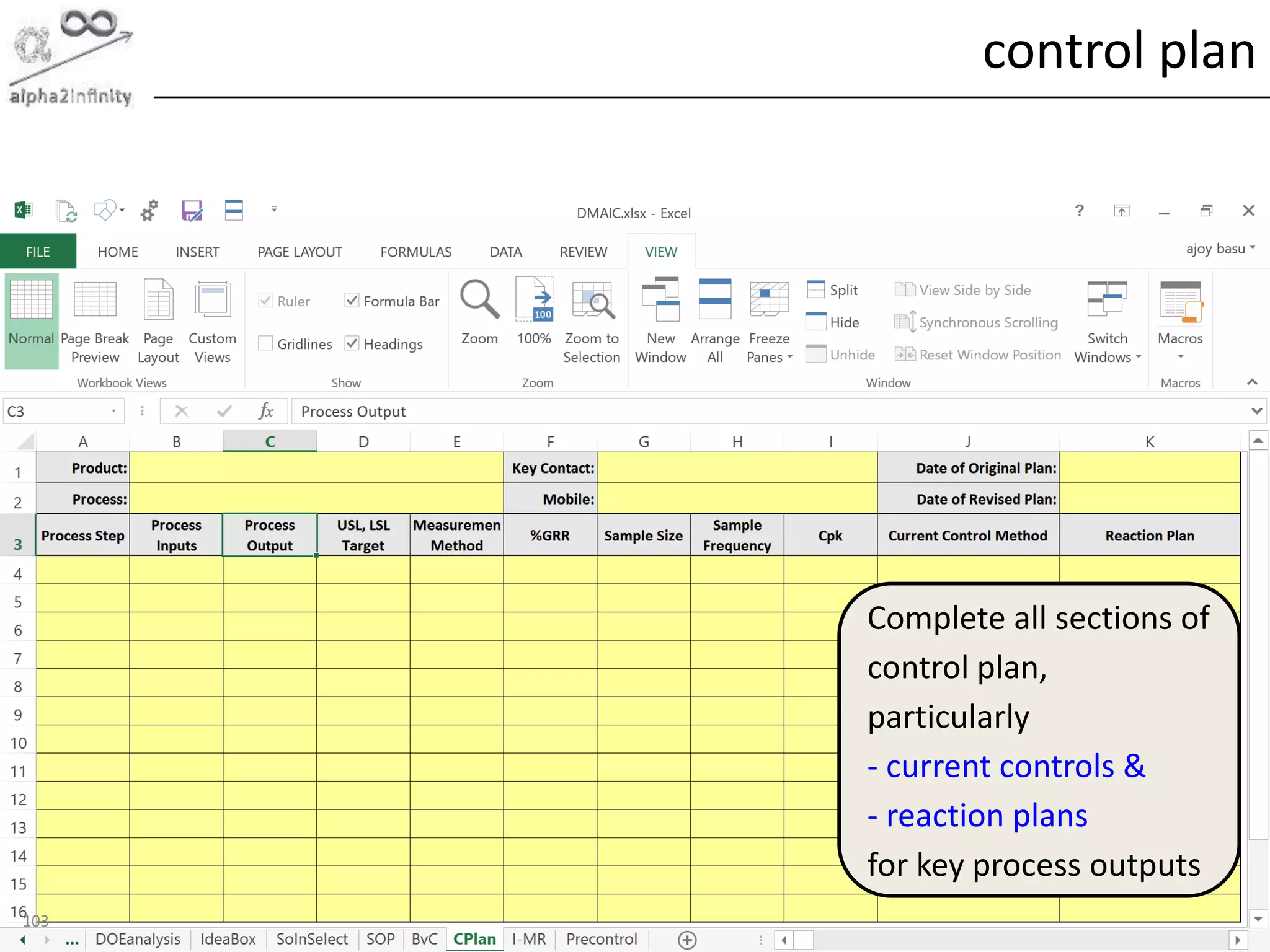 © alpha2infinity
control plan
103
Complete all sections of
control plan,
particularly
- current controls &
- reaction plans
for key process outputs
 