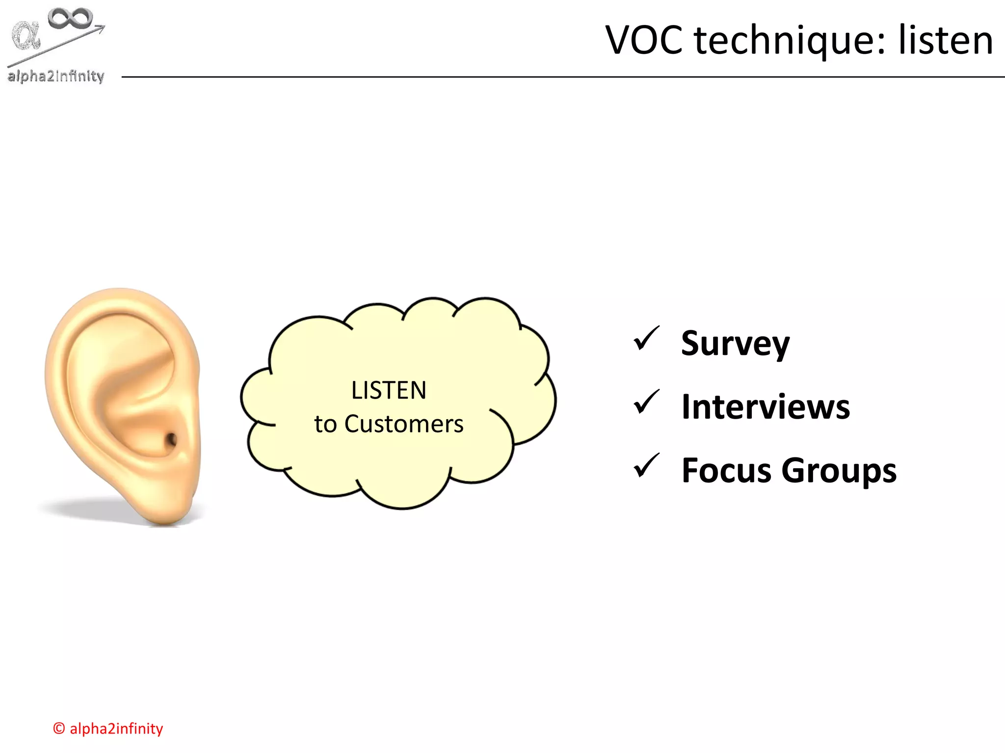 © alpha2infinity
VOC technique: listen
LISTEN
to Customers
 Survey
 Interviews
 Focus Groups
 