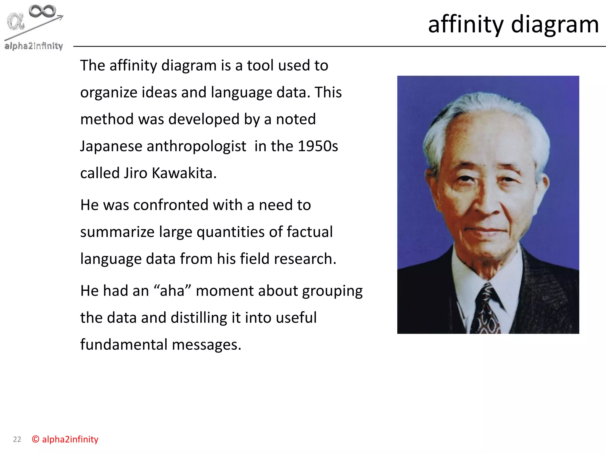 © alpha2infinity
affinity diagram
22
The affinity diagram is a tool used to
organize ideas and language data. This
method was developed by a noted
Japanese anthropologist in the 1950s
called Jiro Kawakita.
He was confronted with a need to
summarize large quantities of factual
language data from his field research.
He had an “aha” moment about grouping
the data and distilling it into useful
fundamental messages.
 