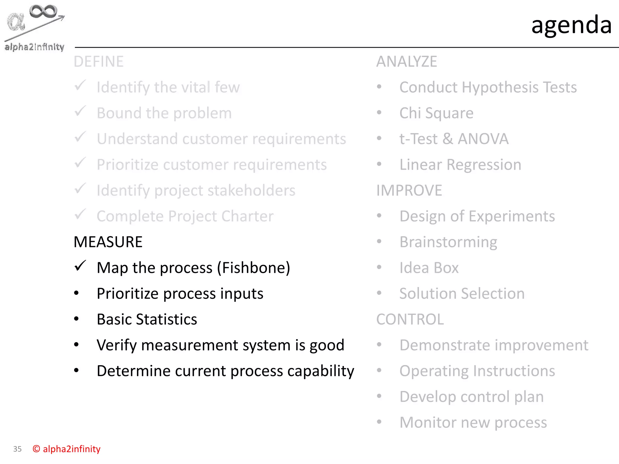 © alpha2infinity
agenda
35
DEFINE
 Identify the vital few
 Bound the problem
 Understand customer requirements
 Prioritize customer requirements
 Identify project stakeholders
 Complete Project Charter
MEASURE
 Map the process (Fishbone)
• Prioritize process inputs
• Basic Statistics
• Verify measurement system is good
• Determine current process capability
ANALYZE
• Conduct Hypothesis Tests
• Chi Square
• t-Test & ANOVA
• Linear Regression
IMPROVE
• Design of Experiments
• Brainstorming
• Idea Box
• Solution Selection
CONTROL
• Demonstrate improvement
• Operating Instructions
• Develop control plan
• Monitor new process
 