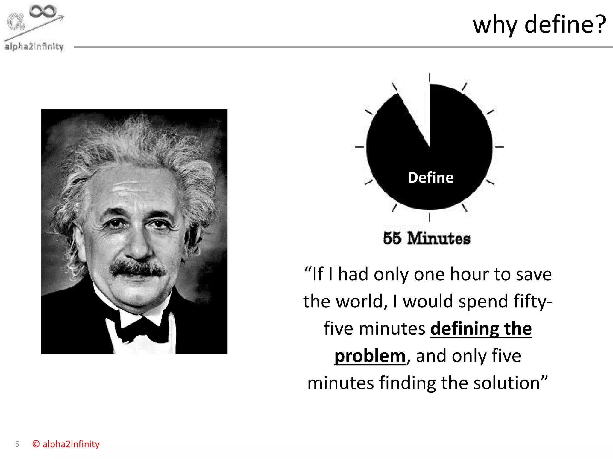 © alpha2infinity
why define?
5
“If I had only one hour to save
the world, I would spend fifty-
five minutes defining the
problem, and only five
minutes finding the solution”
Define
 