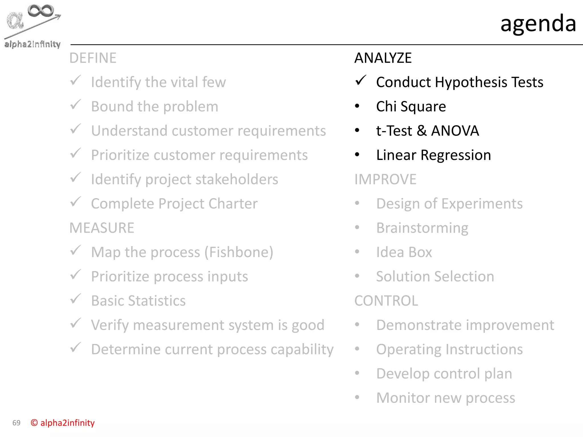 © alpha2infinity
agenda
69
DEFINE
 Identify the vital few
 Bound the problem
 Understand customer requirements
 Prioritize customer requirements
 Identify project stakeholders
 Complete Project Charter
MEASURE
 Map the process (Fishbone)
 Prioritize process inputs
 Basic Statistics
 Verify measurement system is good
 Determine current process capability
ANALYZE
 Conduct Hypothesis Tests
• Chi Square
• t-Test & ANOVA
• Linear Regression
IMPROVE
• Design of Experiments
• Brainstorming
• Idea Box
• Solution Selection
CONTROL
• Demonstrate improvement
• Operating Instructions
• Develop control plan
• Monitor new process
 